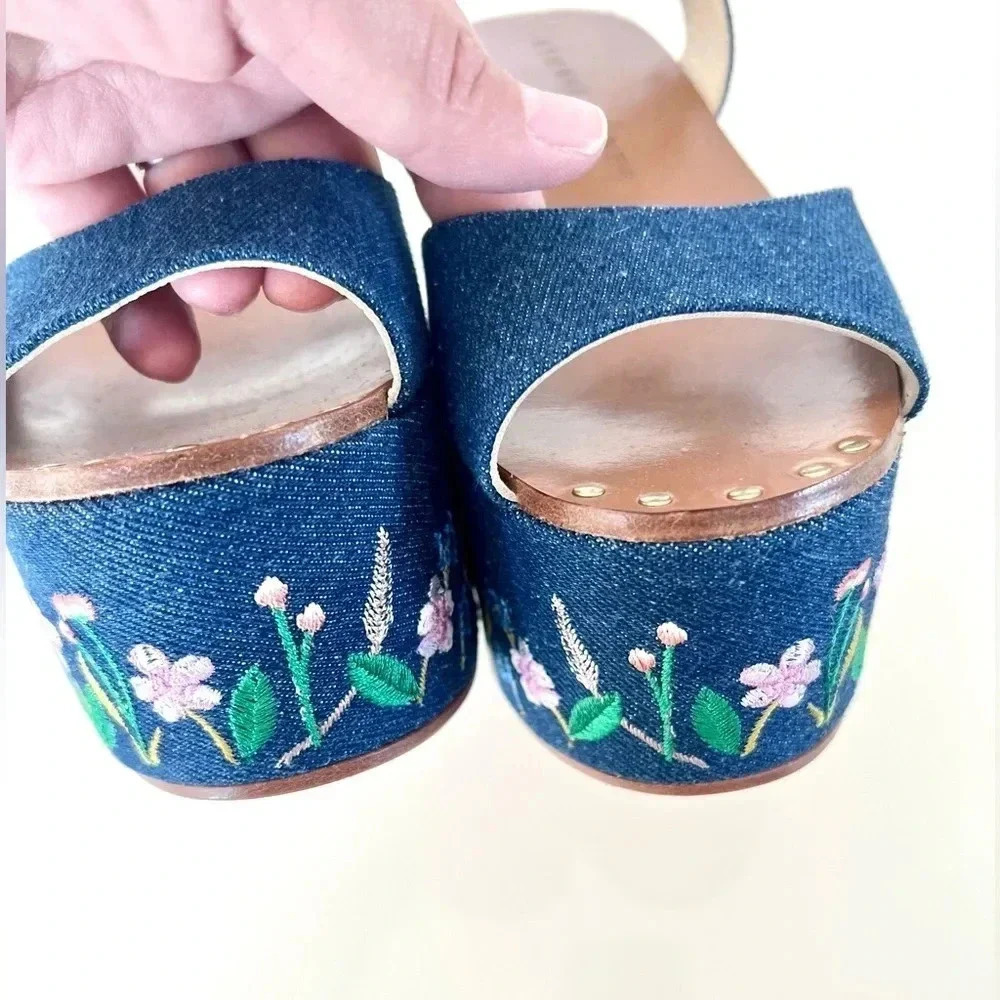 Etienne Aigner Sofhia Floral Embroidered Denim Platform Strappy Shoes‎ Size 6.5 - Picture 7 of 16
